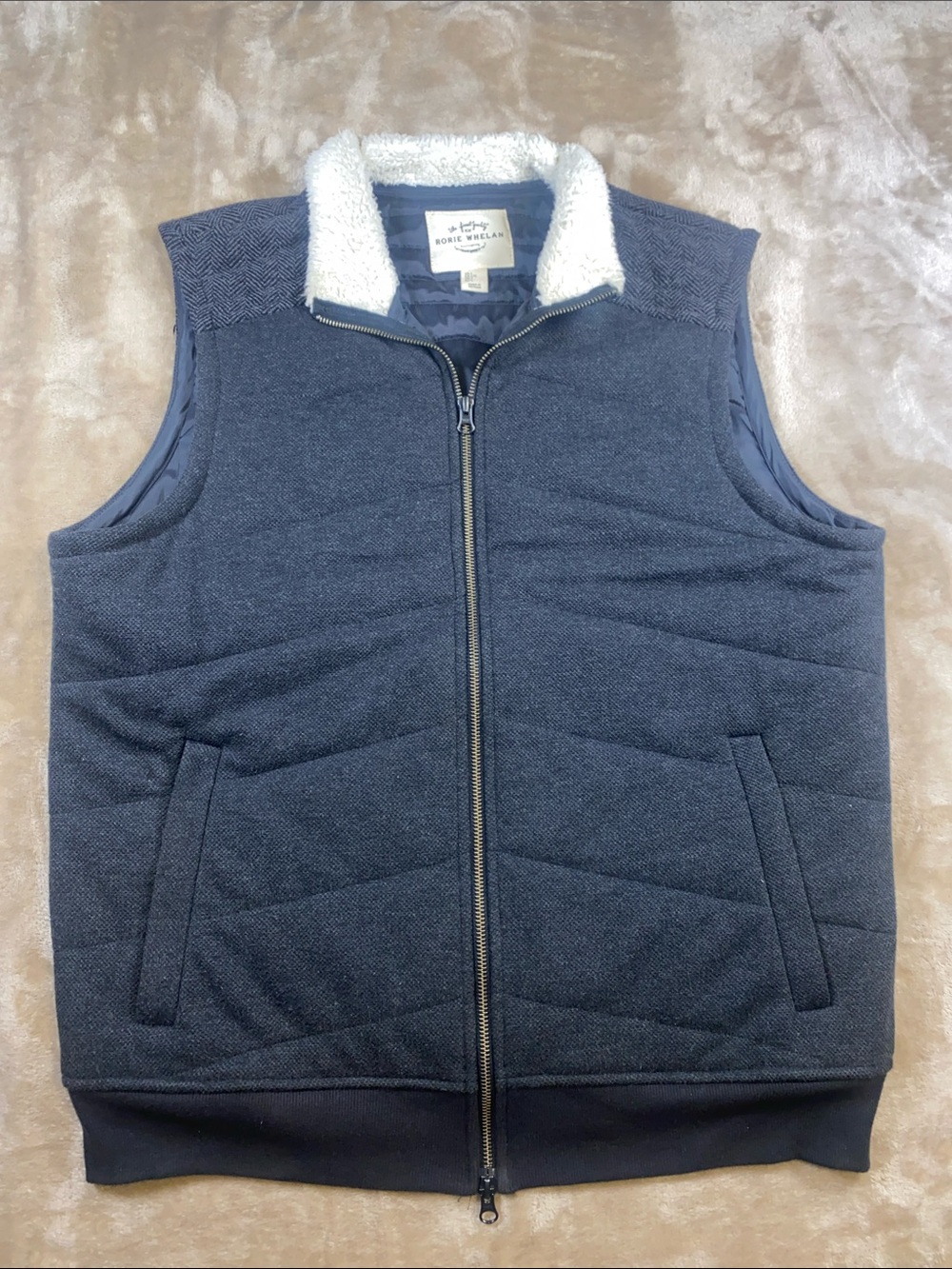 Men's Quilted Grey Herringbone shoulders Vest with Sherpa Collar